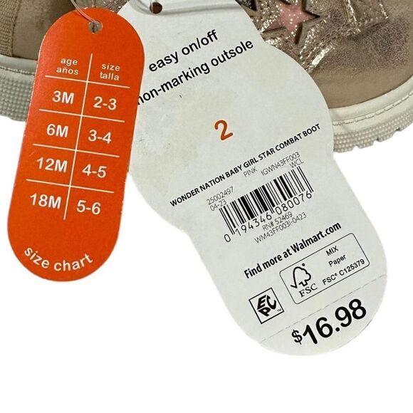 Wonder Nation Girls Pink Metallic Glitter Lace-Up Star Appliques Boots Size 2 - Picture 7 of 8